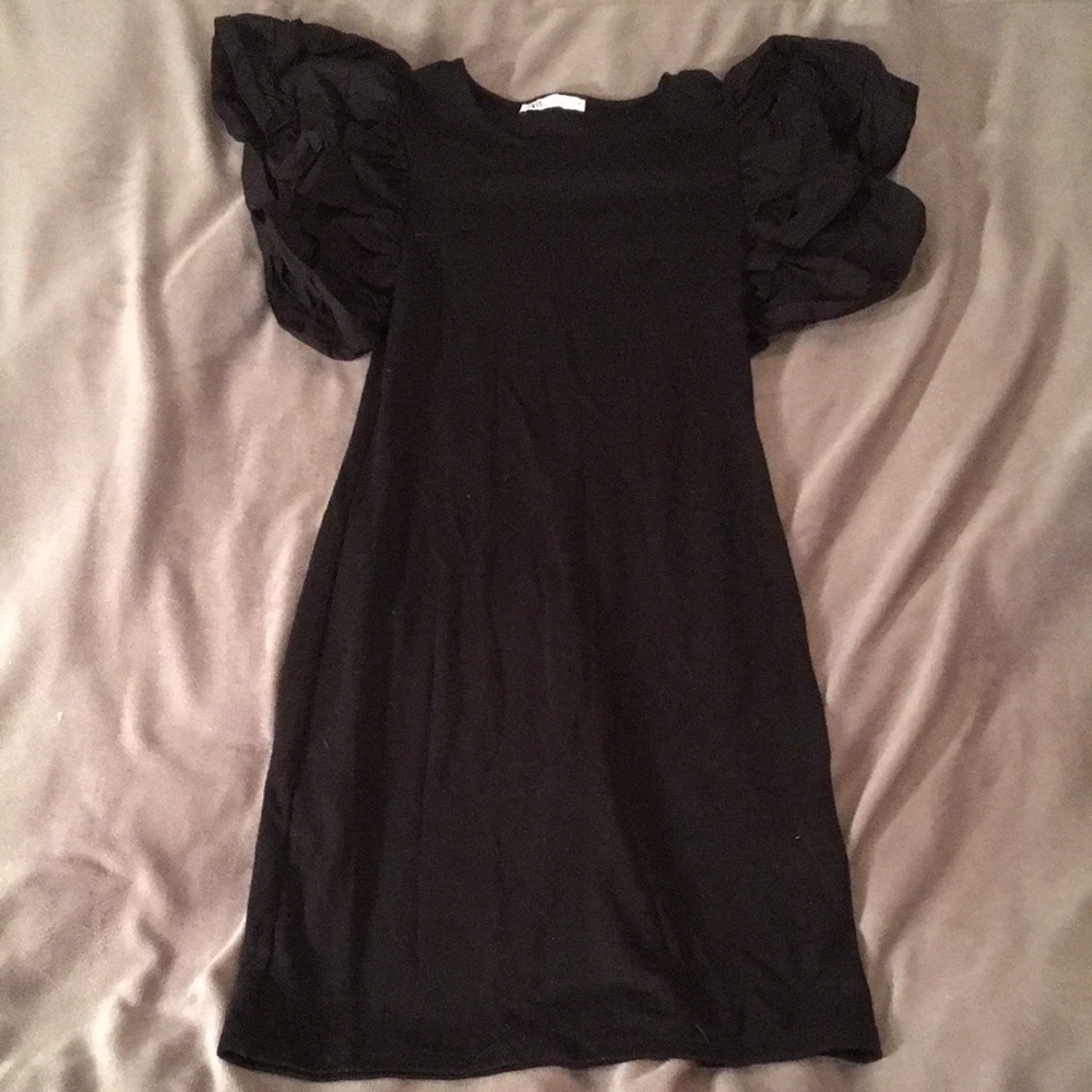 Zara Elegant Black Mini Dress with Statement Sleeves